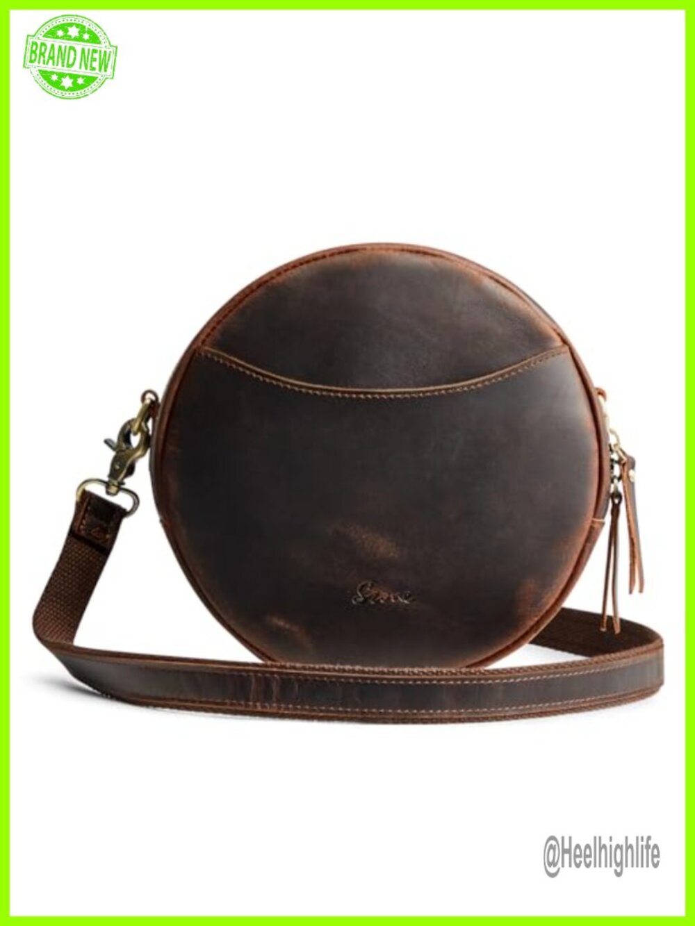 Top Grain Leather Crossbody Bag Circle Shoulder Round Purse Travel Women
